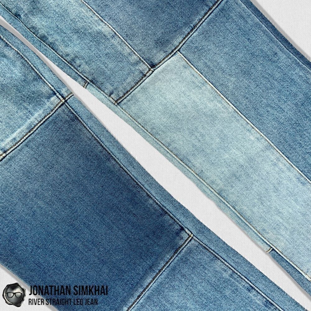 JONATHAN SIMKHAI RIVER STRAIGHT LEG DISTRESSED PATCHWORK JEANS IN INDIGO BLUE 27 - Picture 4 of 16